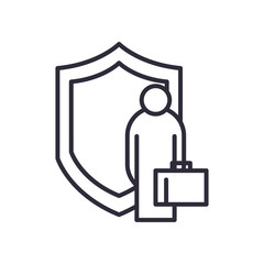 lawyer man with suitcase in front of shield line style icon vector design