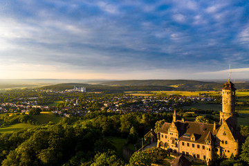 Fototapeta na wymiar Aerial view: Altenburg, medieval hilltop castle, Bamberg, Steigerwaldhöhe, Upper Franconia, Franconia, Germany,