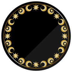 円形のフレーム　ブラック＆ゴールド　アンティークな月と星
