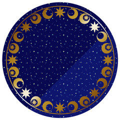 円形のフレーム　ブルー＆ゴールド　アンティークな月と星