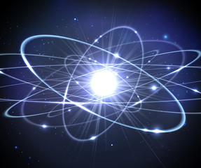Shining atom model. Neon orbit with galaxy blue background.