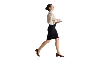 Beautiful business woman, secretary, manager isolated on white studio background. Beautiful caucasian female model in office attire. Copyspace for ad, Concept of business, finance, occupation. Coffee