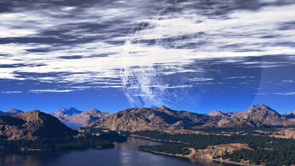 3D illustration of an alien planet with some mountains and a lake. 3D rendering.