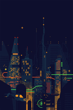 Cool Vector Flat Design Science Fiction Dystopian Dark Futuristic Cityscape. Fantastic Abstract Noir Megalopolis Landscape With Gigantic Skyscrapers, Structures, Neon Lights And Other Sci-fi Elements