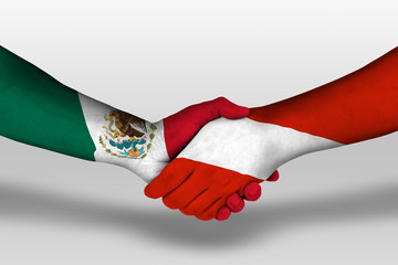 Handshake between austria and mexico flags painted on hands, illustration with clipping path.