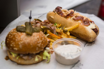 hamburger,  hot-dog, fries
