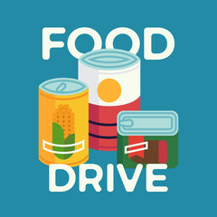 Food Drive simple concept illustration with canned non perishable foods and primitive lettering. Vector flat design on food donation charity activity