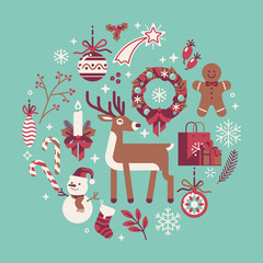 Lovely circle composition on Christmas and winter holidays season. Xmas round design element in limited turquoise and burgundy color scheme