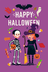 Happy Halloween greeting card or poster vector flat design template with candies, bats, ghost, fall leaves and kids wearing skeleton and witch costumes holding pumpkin baskets