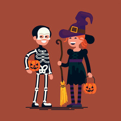 Cool vector flat character design on happy kids wearing halloween costumes. Little witch and skeleton holding pumpkin baskets. Boy and girl ready to celebrate Halloween and trick-or-treating