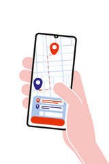 Application gps navigashion. Hand holding smartphone with navigation app.