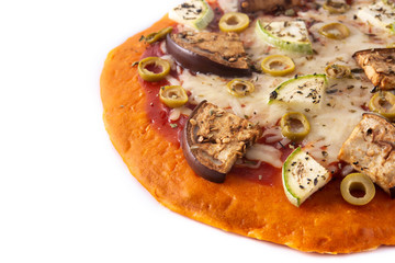 Autumn pumpkin pizza with eggplant, zucchini, olives and mozzarella cheese isolated on white background