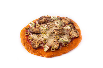 Autumn pumpkin pizza with eggplant, zucchini, olives and mozzarella cheese isolated on white background