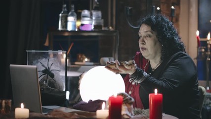 Seer holding witch and reading future for client online using crystal ball