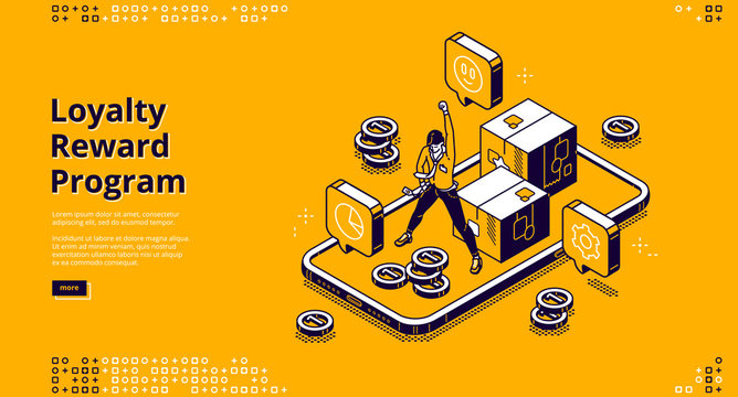 Reward program isometric landing page, loyalty cashback to customer, money back incentive commerce. Customer stand on pedestal at huge gadget with bills, coins and goblet 3d vector line art web banner