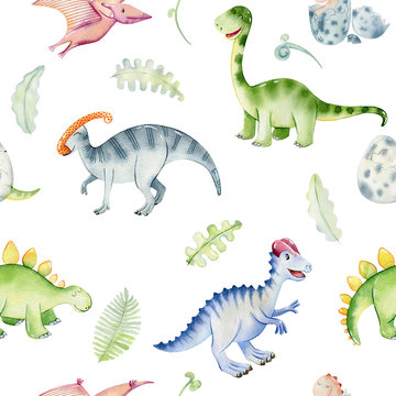 Watercolor cute dinosaurs.