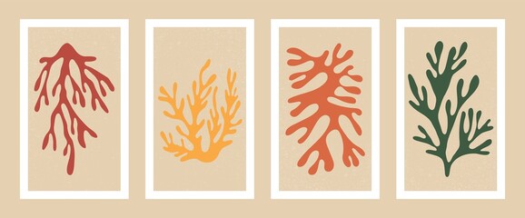 Fototapeta na wymiar Abstract coral posters. Contemporary organic shapes minimalist Matisse style, colorful scribbles. Modern vector illustration