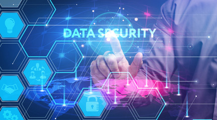 Business, Technology, Internet and network concept. Young businessman working on a virtual screen of the future and sees the inscription: