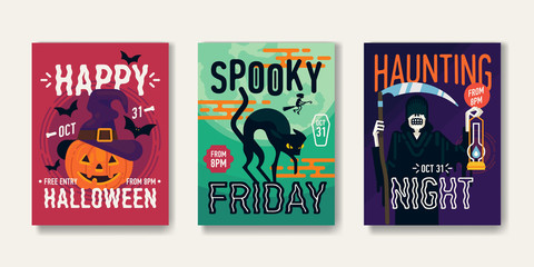 Happy Halloween colorful poster or banner vector templates in minimal flat design. All Hallows Eve placards