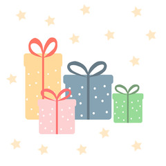 Four gifts of different colors and stars, vector graphics