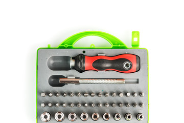 Tool box with attachments and bits of different shapes and sizes. Isolate, free space.