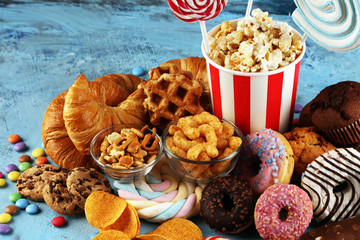 Unhealthy products. food bad for figure, skin, heart and teeth.