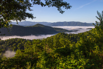 Fototapeta na wymiar Misty Smoky Mountain Sunrise. Mist in the valley of the Great Smoky Mountains National Park as seen from the recently opened portion of the Foothills Parkway in Wears Valley, Tennessee.