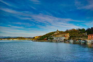 Naklejka premium 01/14/2017 La Spezia Italia Panorama on the village and the small port of Le Grazie La Spezia Italy