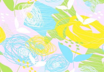Naklejka na ściany i meble Seamless abstract pattern of silhouettes of flowers and leaves, buds on the background of blots, lines, spots and strokes