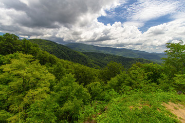 Scenic View On The Cherohala Skyway. The scenic drive winds through the Appalachian Mountains of the Nantahala and Cherokee National Forest on the border of North Carolina and Tennessee.