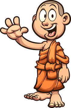 Happy child cartoon Buddhist monk waving. Vector clip art illustration. All on a single layer.
