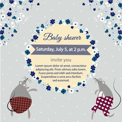 Vintage invitation card with mouses, floral frame, vector illustration