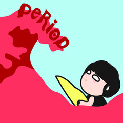 Surfer Girl Shocked Looking At Big Red Wave With Text Period On Concept Card Character illustration