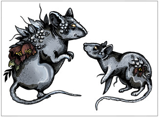 Fairytale mystical animals with long tails, magic dark creatures with a crest on the back, rats or mice covered with scales, plants and flowers, growing on their bodies, isolated in full growth.
