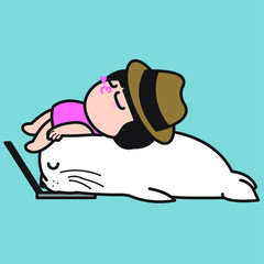 Tired Exhausted Seal Sleeping On The Laptop While Miniature Girl Lying Down On His back Concept Card Character illustration