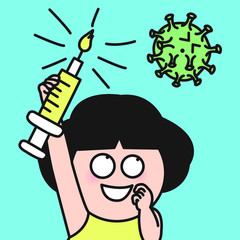 Virus Afraid Of Girl Who Is Holding Syringe Vaccine With Burning Candle Flame On Top Concept Card Character illustration