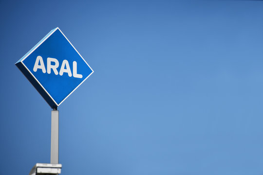 Bayreuth, Bavaria / Germany - May 21, 2018: The logo of ARAL in Bayreuth, Germany  -  ARAL is a brand of automobile fuels and petrol stations present in germany and Luxembourg