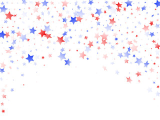 Flying red blue white star sparkles on white vector american patriotic background.