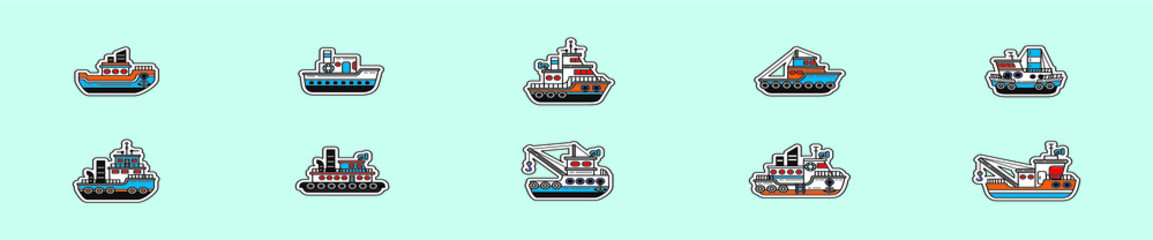 set of fishing boats cartoon icon design template with various models. vector illustration