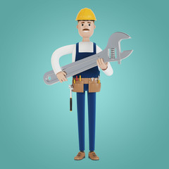 Craftsman with a large wrench. 3D illustration in cartoon style.