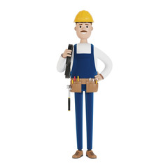 Electrician construction worker with tools and with a wire 3D illustration in cartoon style.