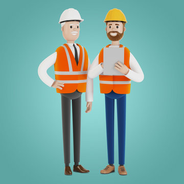Two engineers in hard hats discuss a project using a tablet. 3D illustration in cartoon style.