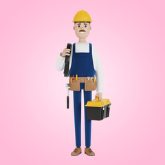 Electrician construction worker with tools and with a wire 3D illustration in cartoon style.