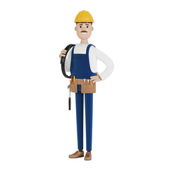Electrician construction worker with tools and with a wire 3D illustration in cartoon style.
