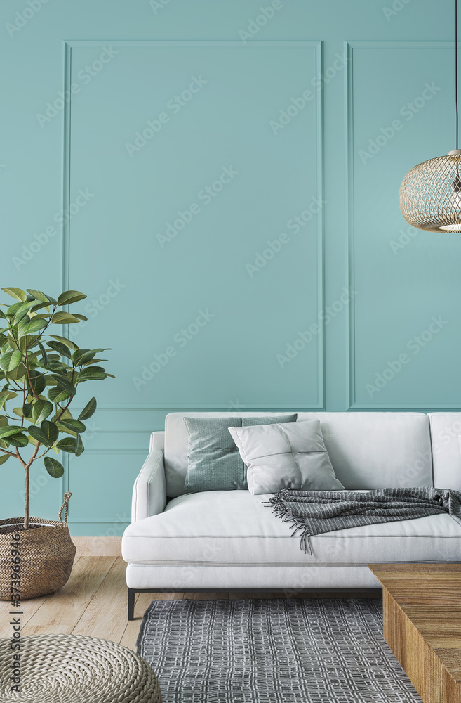 Sticker bright living room design mockup, white sofa and wooden rattan furniture on classic blue wall, 3d re