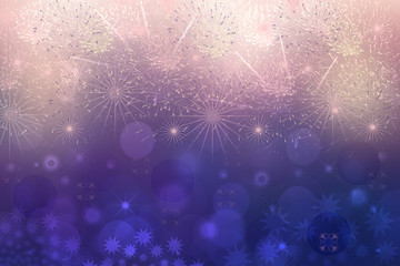 New year card template. Abstract festive dark blue Happy New Year background texture with blurred bokeh lights, stars and light pink firework. Beautiful backdrop illustration.