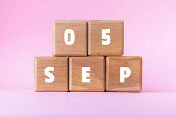 5 SEP text on wood cubes. 5th September. Holiday date. International Day of Charity. Wooden blocks...