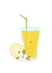 Vector illustration of lemonade glass with a straw and lemon slice. Summer drink