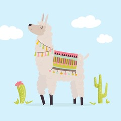 Cute llama card design with cactus. Vector illustration for cards, invitations, print, apparel, nursery decoration.