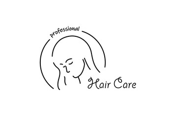 Hair care linear style icon with beauty face. Isolated vector emblem of young woman. Black and white logo template for beauty salons, hairdressers or shampoo labels
